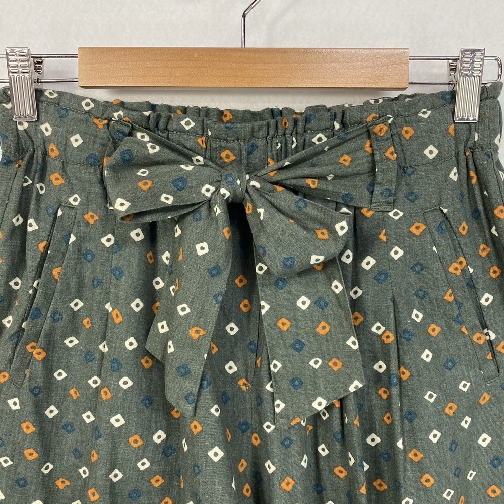 Anthropologie Womens XS Paperbag Shorts Green Linen Blend Geometric Boho Breezy